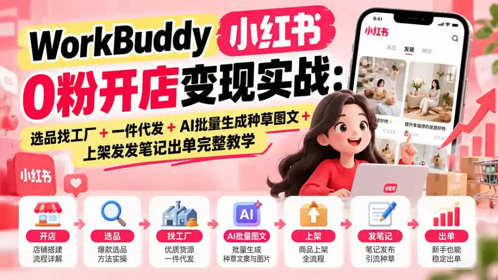 WorkBuddy小红书0粉开店变现实战：选品找工厂+一件代发+AI批量生成种草图文+上架发发笔记出单完整教学-网赚项目库-互联网全面项目