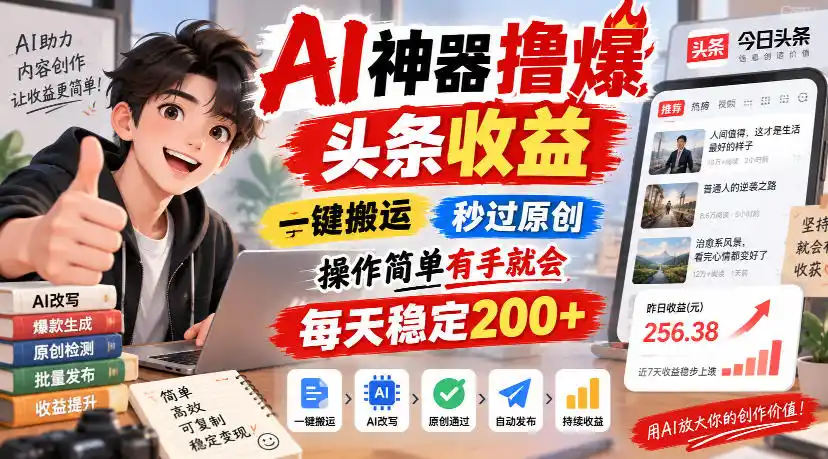 AI神器撸爆头条收益，一键搬运，秒过原创，操作简单有手就会，每天稳定200+【揭秘】-网赚项目库-互联网全面项目