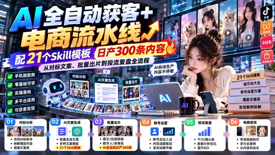 【无水印】AI全自动获客+电商流水线:配21个Skill模板,日产300条内容,从对标文案、批量出片到投流复盘全流程-网赚项目库-互联网全面项目