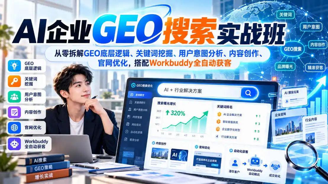 AI企业GEO搜索实战班,从零拆解GEO底层逻辑、关键词挖掘、用户意图分析、内容创作、官网优化,搭配Workbuddy全自动获客-网赚项目库-互联网全面项目