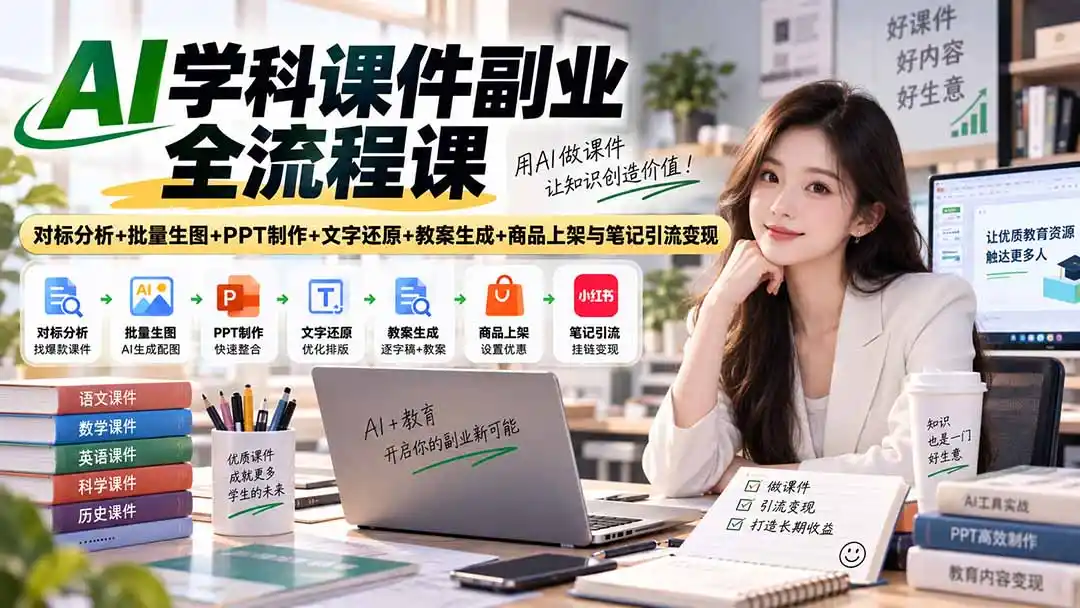 AI学科课件副业全流程课|对标分析+批量生图+PPT制作+文字还原+教案生成+商品上架与笔记引流变现-网赚项目库-互联网全面项目