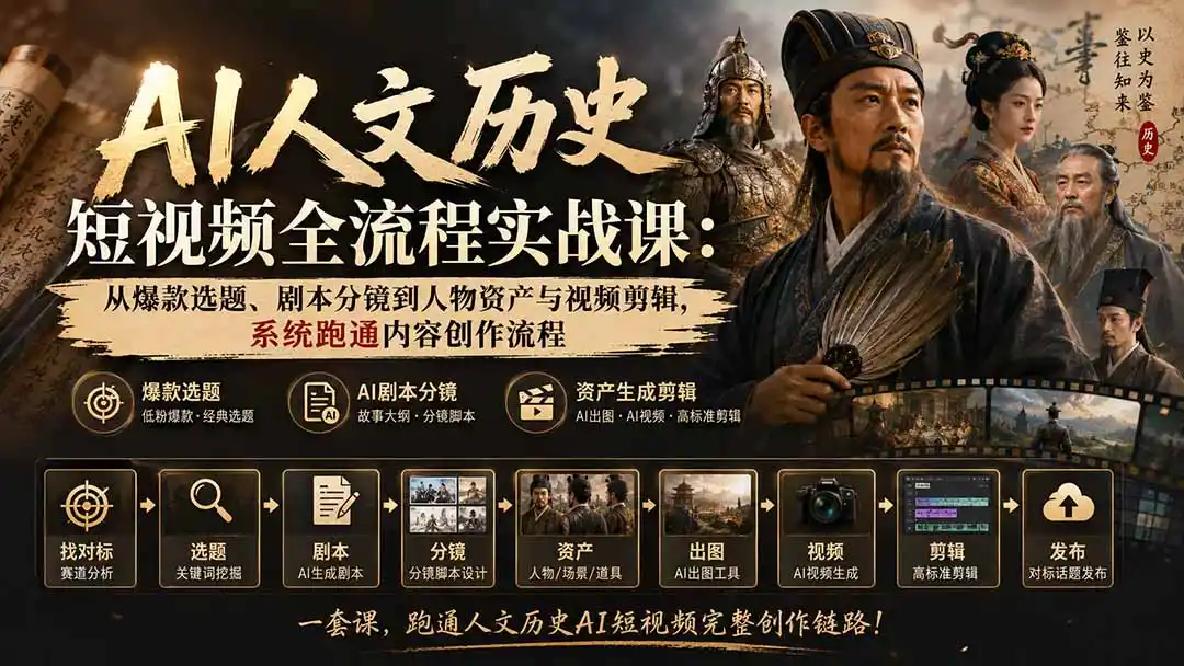 AI人文历史短视频全流程实战课-更新:从爆款选题、剧本分镜到人物资产与视频剪辑,系统跑通内容创作流程-网赚项目库-互联网全面项目
