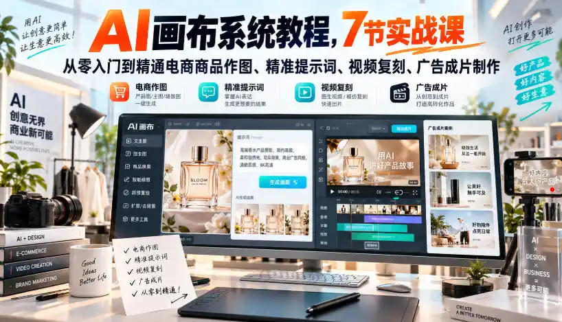 AI画布系统教程,7节实战课从零入门到精通电商商品作图、精准提示词、视频复刻、广告成片制作