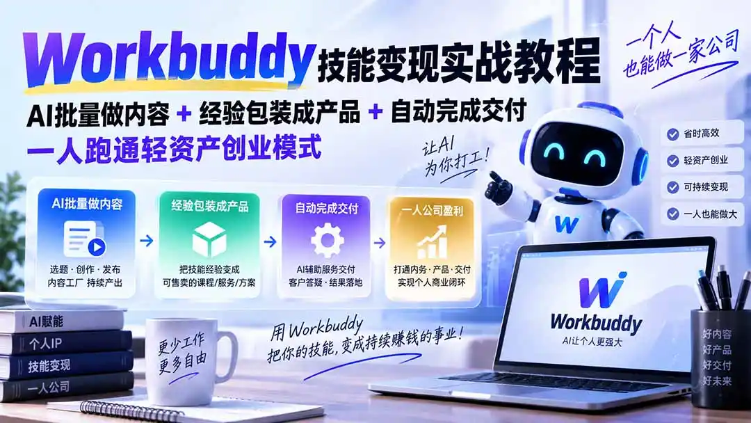 Workbuddy技能变现实战教程：AI批量做内容+经验包装成产品+自动完成交付，一人跑通轻资产创业模式-网赚项目库-互联网全面项目
