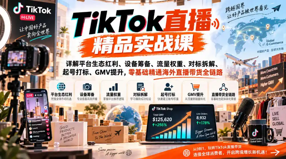 TikTok直播精品实战课,详解平台生态红利、设备筹备、流量权重、对标拆解、起号打标、GMV提升,零基础精通海外直播带货全链路-网赚项目库-互联网全面项目