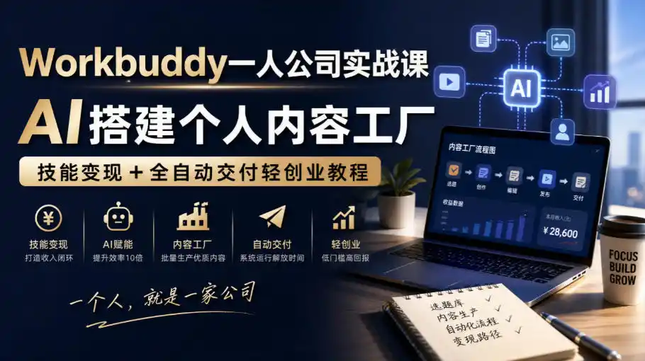 Workbuddy一人公司实战课,AI搭建个人内容工厂,技能变现+全自动交付轻创业教程-网赚项目库-互联网全面项目