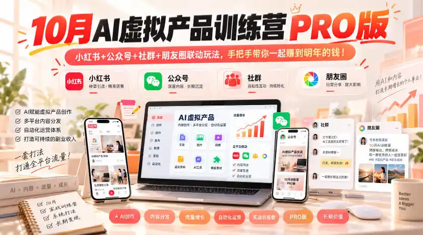 10月AI虚拟产品训练营PRO版，小红书+公众号+社群+朋友圈联动玩法，手把手带你一起赚到明年的钱！-网赚项目库-互联网全面项目
