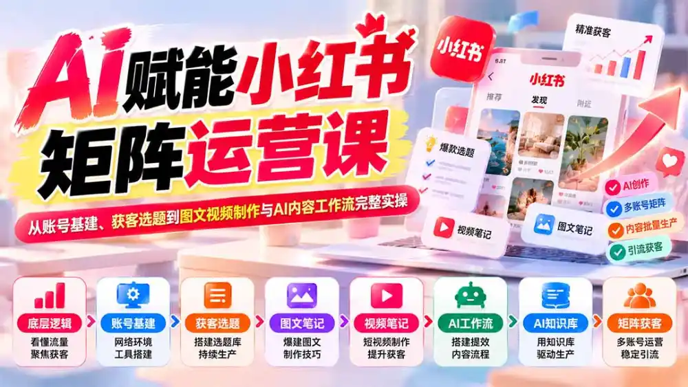AI赋能小红书矩阵运营课：从账号基建、获客选题到图文视频制作与AI内容工作流完整实操-网赚项目库-互联网全面项目