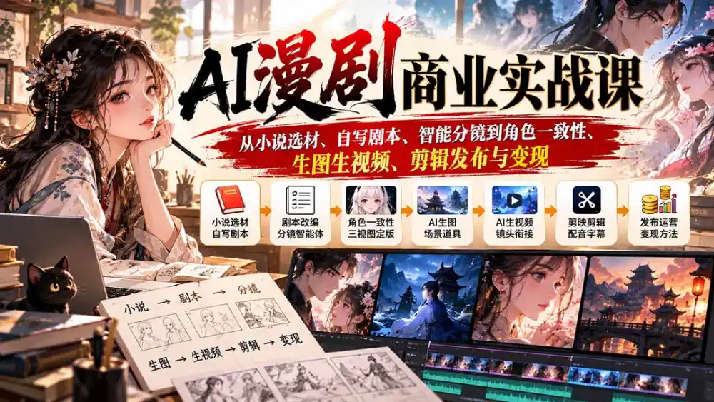 AI漫剧商业实战课：从小说选材、自写剧本、智能分镜到角色一致性、生图生视频、剪辑发布与变现-网赚项目库-互联网全面项目