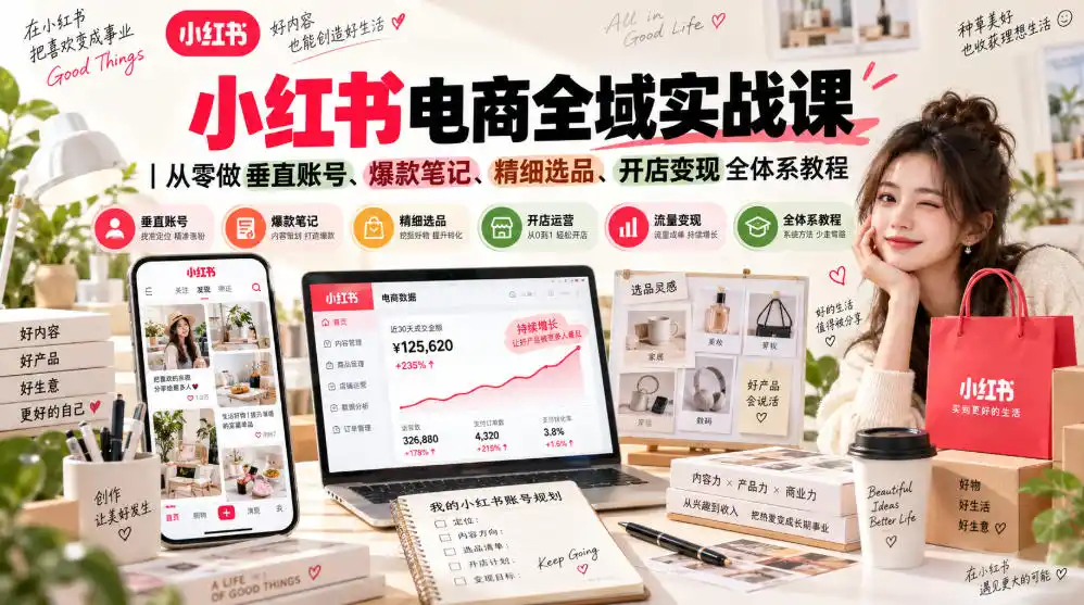 小红书电商全域实战课|从零做垂直账号、爆款笔记、精细选品、开店变现全体系教程-网赚项目库-互联网全面项目