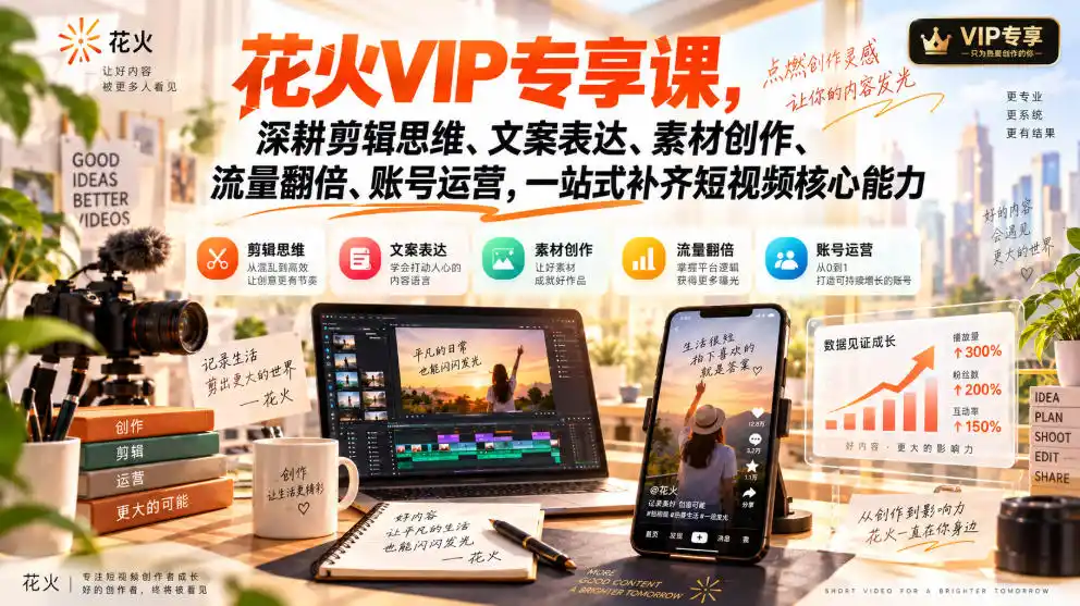 花火VIP专享课，深耕剪辑思维、文案表达、素材创作、流量翻倍、账号运营，一站式补齐短视频核心能力-网赚项目库-互联网全面项目