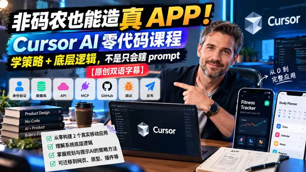 非码农也能造真 APP！Cursor AI 零代码课程：学策略 + 底层逻辑，不是只会瞎 prompt【原创双语字幕】-网赚项目库-互联网全面项目