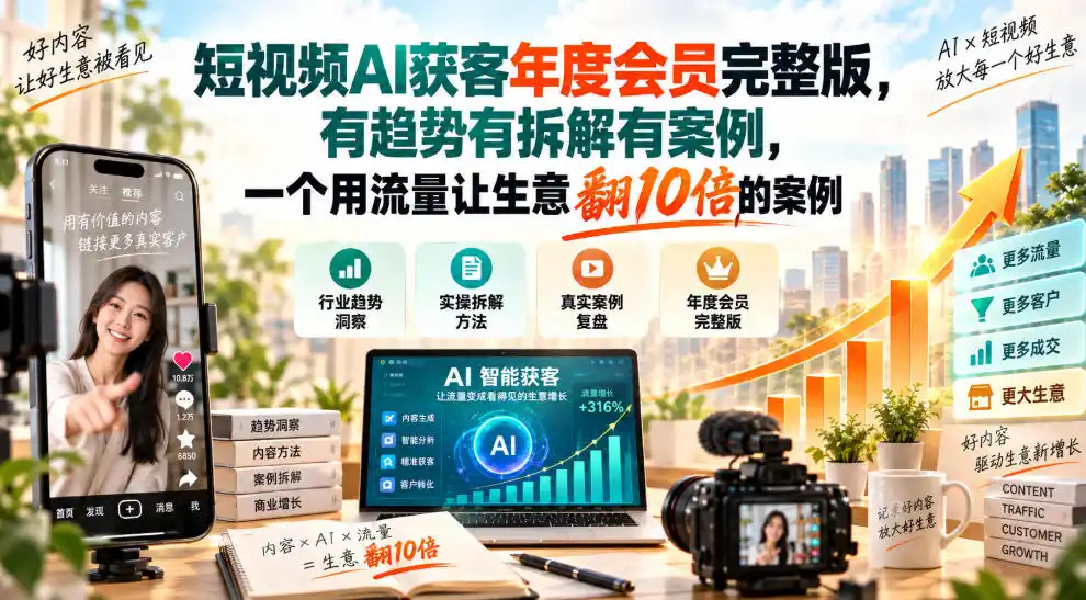短视频AI获客年度会员完整版，有趋势有拆解有案例，一个用流量让生意翻10倍的案例-网赚项目库-互联网全面项目