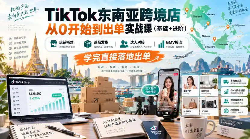 TikTok东南亚跨境店从0开始到出单实战课(基础+进阶),店铺搭建、选品发货、达人对接、GMV投流,学完直接落地出单-网赚项目库-互联网全面项目