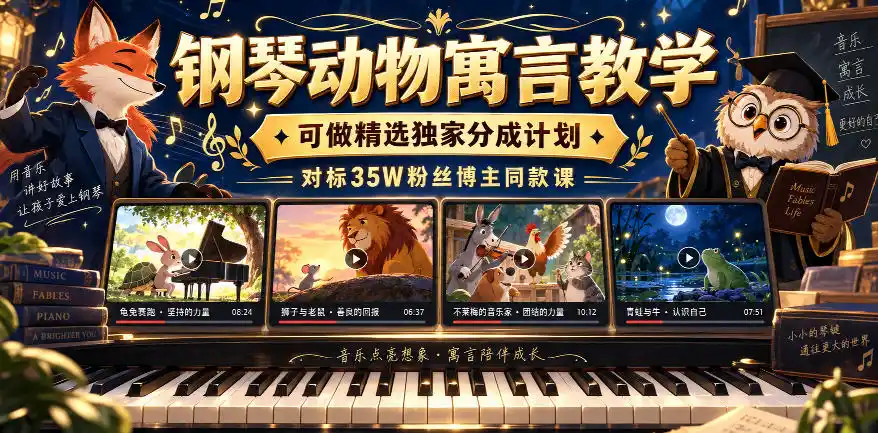 钢琴动物寓言教学，可做精选独家分成计划，对标35W粉丝博主同款课-网赚项目库-互联网全面项目