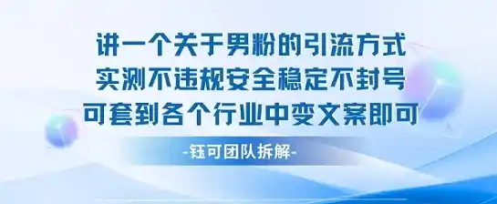2025关于男粉的引流方式实测不违规安全稳定不封号可套到各个行业中变文案即可-网赚项目库-互联网全面项目