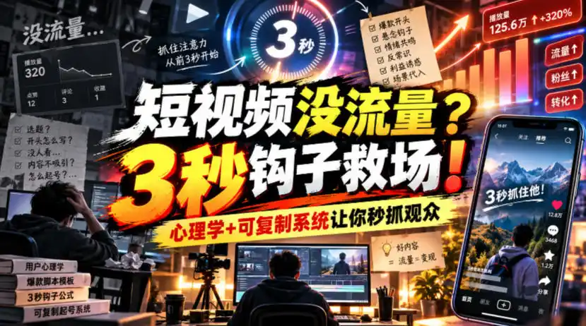 【无水印】短视频没流量？3秒钩子救场！心理学+可复制系统让你秒抓观众【原创双语字幕】-网赚项目库-互联网全面项目