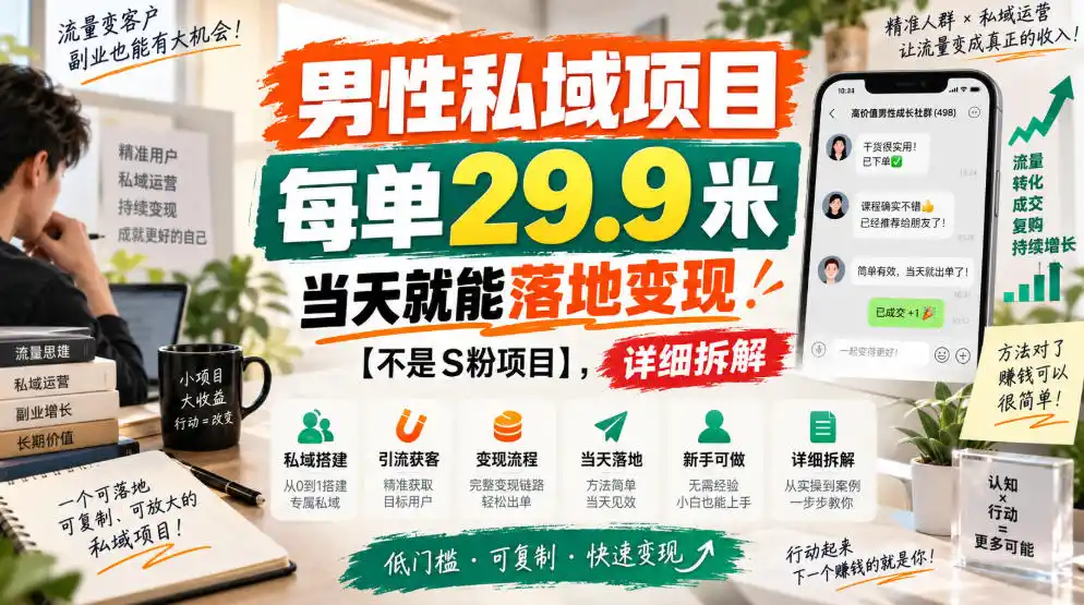 男性私域项目,每单29.9米,当天就能落地变现【不是S粉项目】,详细拆解-网赚项目库-互联网全面项目