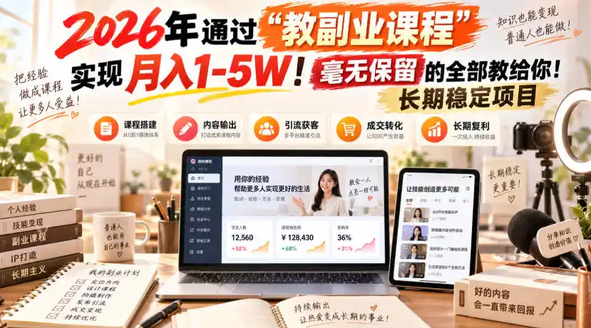 2026年通过“教副业课程”实现月入1-5W!毫无保留的全部教给你!长期稳定项目-网赚项目库-互联网全面项目