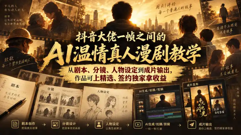抖音大佬一帧之间的AI温情真人漫剧教学，从剧本、分镜、人物设定到成片输出，作品可上精选、签约独家拿收益-网赚项目库-互联网全面项目