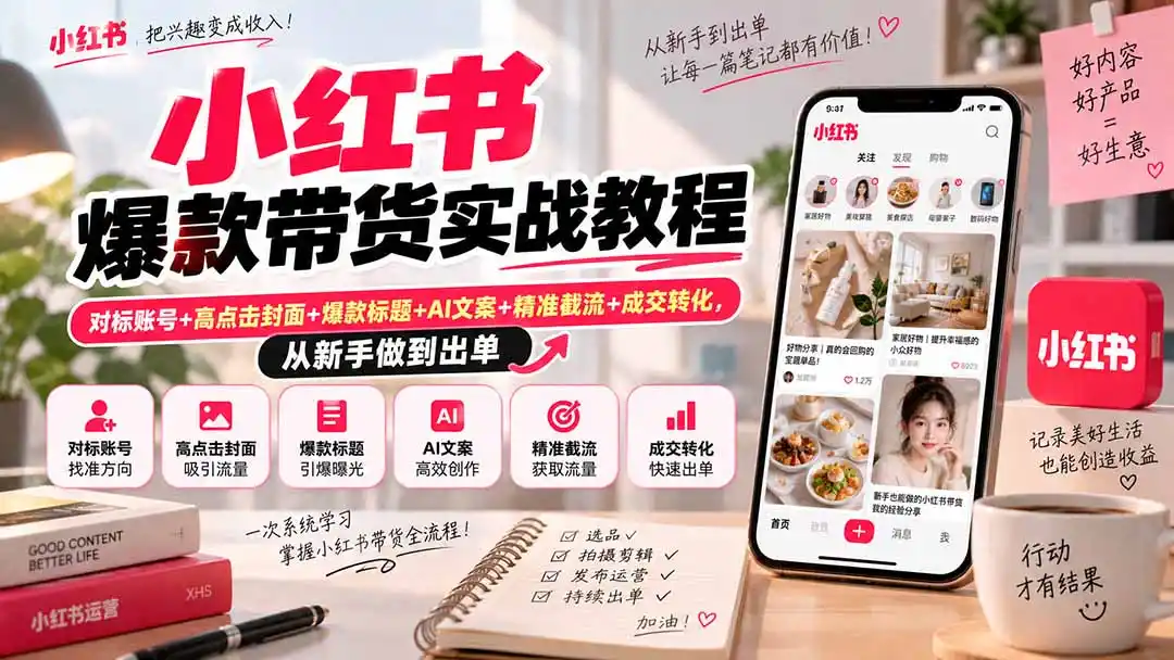 小红书爆款带货实战教程|对标账号+高点击封面+爆款标题+AI文案+精准截流+成交转化,从新手做到出单-网赚项目库-互联网全面项目