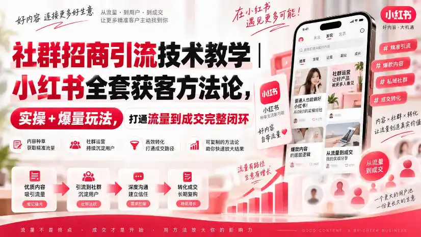社群招商引流技术教学｜小红书全套获客方法论，实操+爆量玩法，打通流量到成交完整闭环-网赚项目库-互联网全面项目