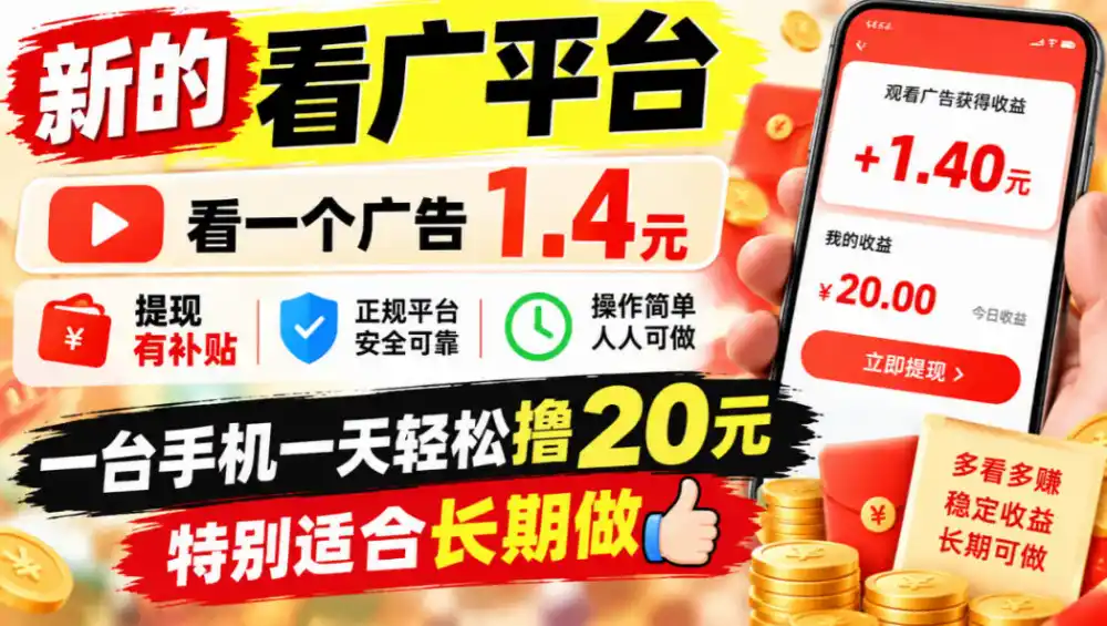 一个新的看广平台，看一个广告1.4元，提现有补贴,一台手机一天轻松撸20+，特别适合长期做【揭秘】-网赚项目库-互联网全面项目