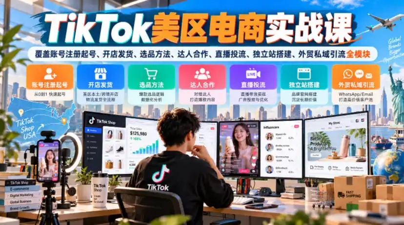 TikTok美区电商实战课，覆盖账号注册起号、开店发货、选品方法、达人合作、直播投流、独立站搭建、外贸私域引流全模块-网赚项目库-互联网全面项目