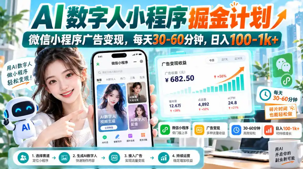 【无水印】AI数字人小程序掘金计划,微信小程序广告变现,每天30‑60分钟,日入100‑1k+-网赚项目库-互联网全面项目