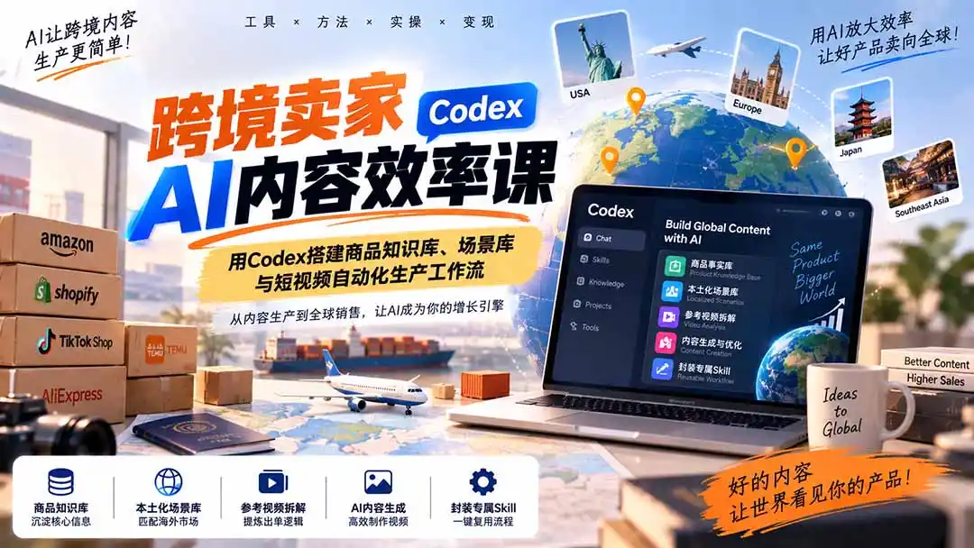跨境卖家AI内容效率课:用Codex搭建商品知识库、场景库与短视频自动化生产工作流-网赚项目库-互联网全面项目
