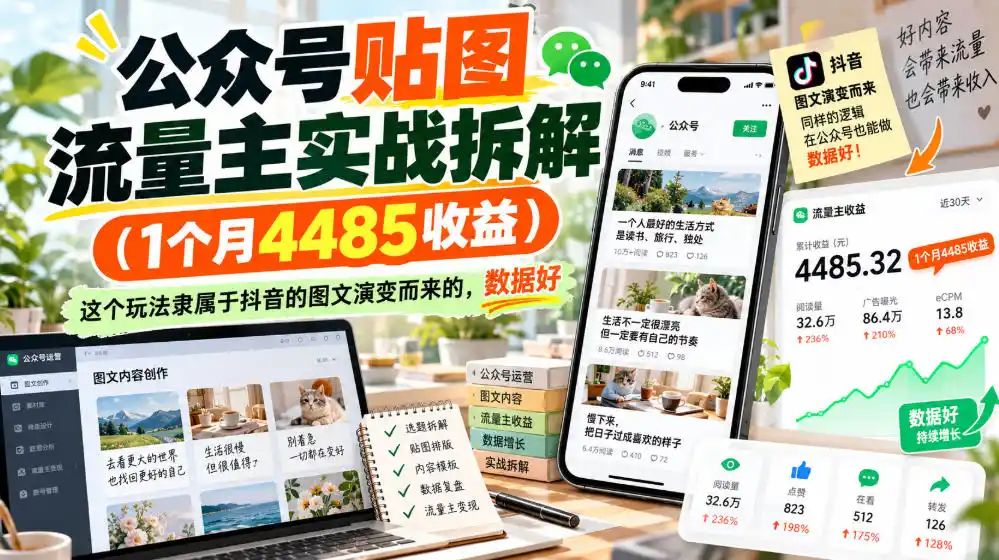 公众号贴图流量主实战拆解(1个月4485收益)，这个玩法隶属于抖音的图文演变而来的，数据好-网赚项目库-互联网全面项目