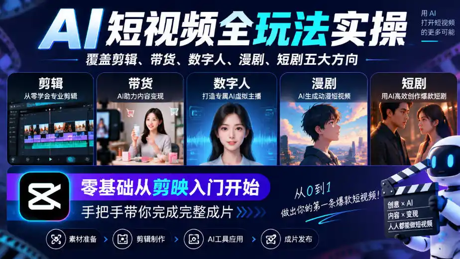 AI短视频全玩法实操,覆盖剪辑、带货、数字人、漫剧、短剧五大方向,零基础从剪映入门开始,手把手带你完成完整成片-网赚项目库-互联网全面项目