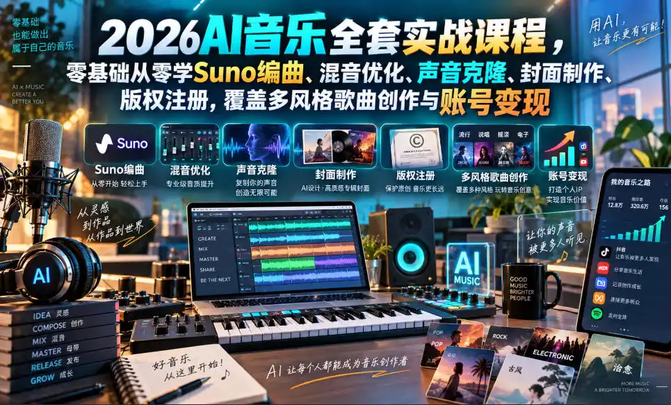 2026AI音乐实战课程,零基础从零学Suno编曲、混音优化、声音克隆、版权注册,覆盖多风格歌曲创作与账号变现-网赚项目库-互联网全面项目