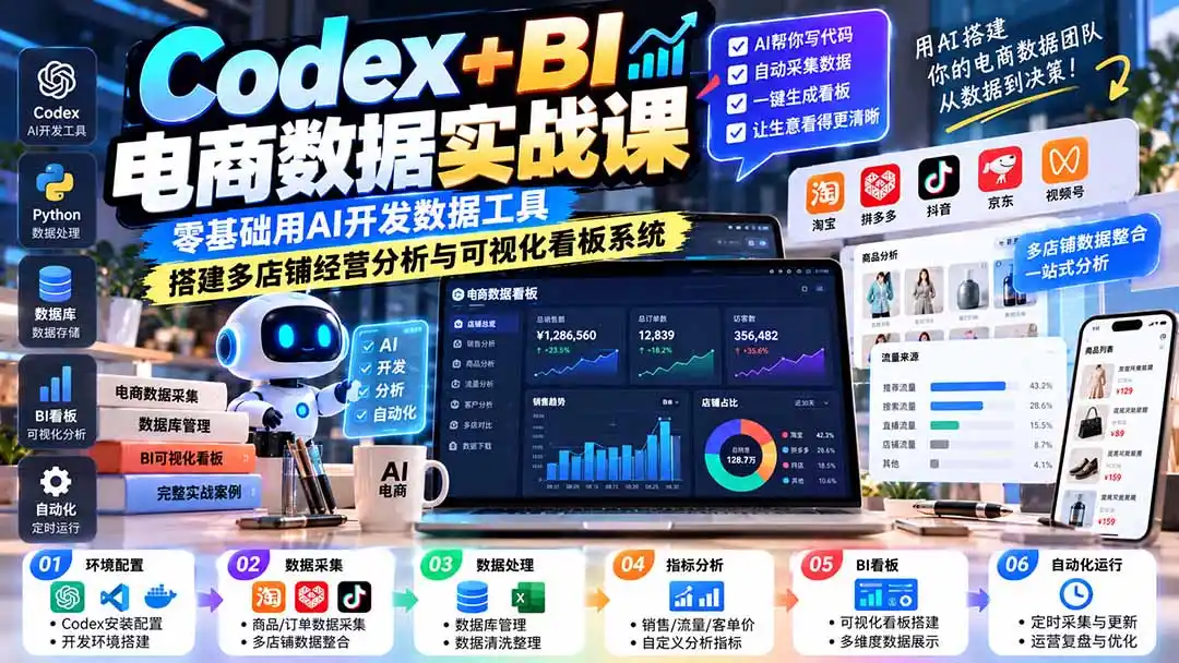 Codex+BI电商数据实战课：零基础用AI开发数据工具，搭建多店铺经营分析与可视化看板系统-网赚项目库-互联网全面项目