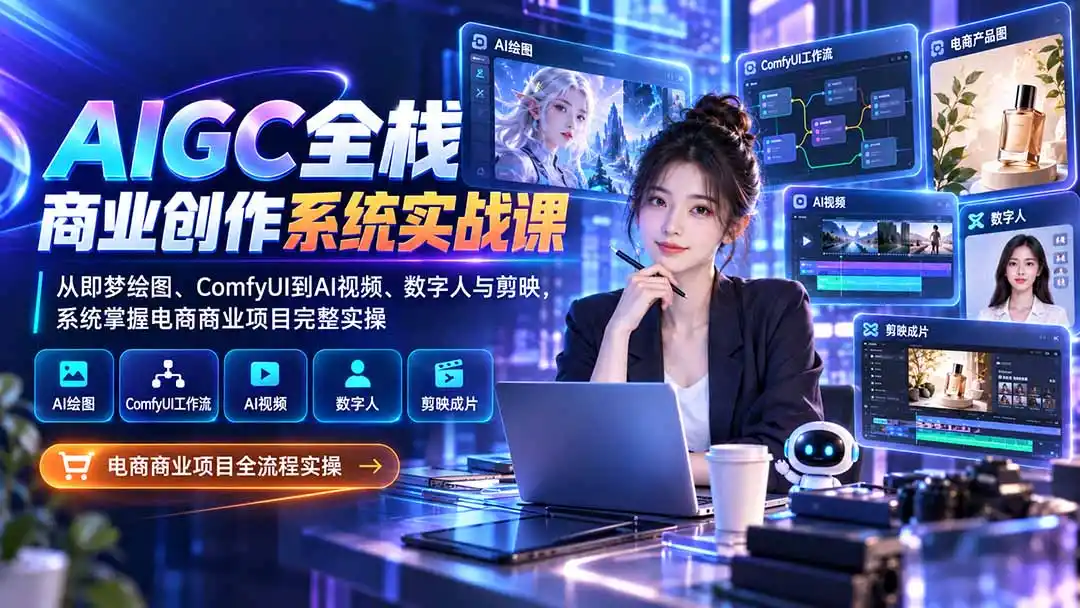 AIGC全栈商业创作系统实战课-无水印：从即梦绘图、ComfyUI到AI视频、数字人与剪映，系统掌握电商商业项目完整实操-网赚项目库-互联网全面项目