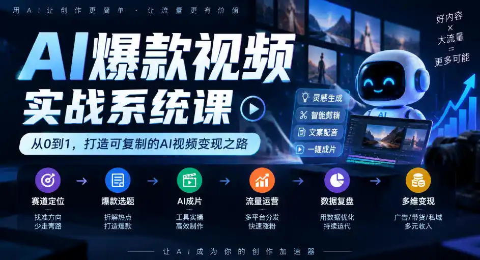 AI爆款视频实战系统课｜赛道定位、爆款选题、AI成片、流量运营、数据复盘、多维变现全链路教学-网赚项目库-互联网全面项目