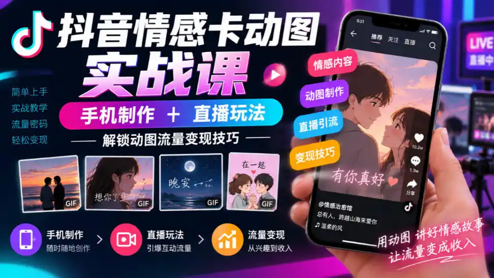 抖音情感卡动图实战课｜手机制作+直播玩法，解锁动图流量变现技巧-网赚项目库-互联网全面项目
