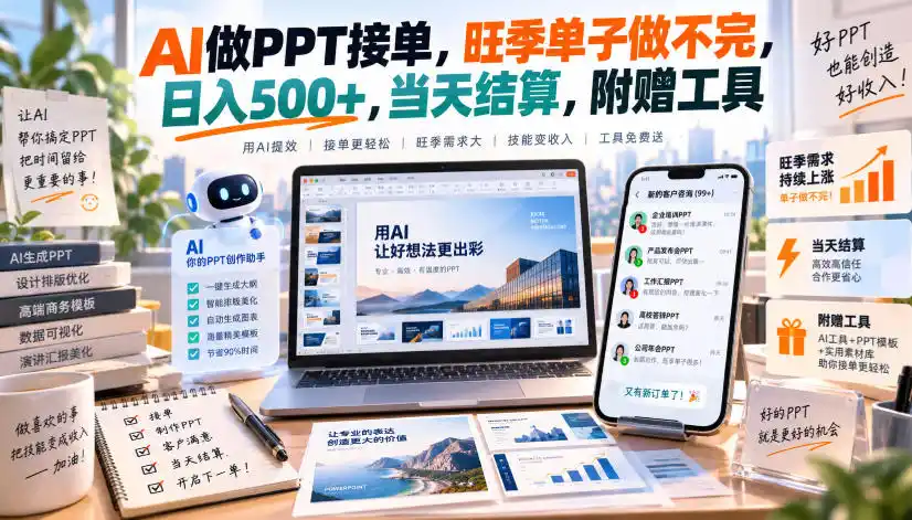 AI做PPT接单,旺季单子做不完,日入500+,当天结算,附赠工具【揭秘】-网赚项目库-互联网全面项目