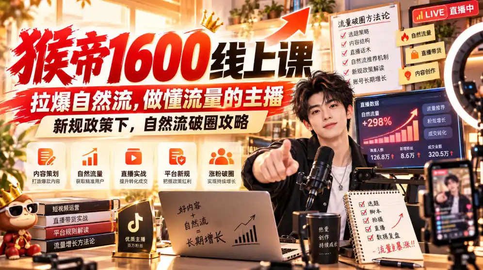 猴帝1600线上课,拉爆自然流,做懂流量的主播,新规政策下,自然流破圈攻略【更新260926】-网赚项目库-互联网全面项目