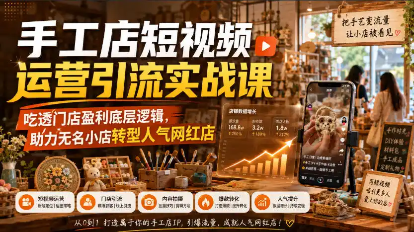 手工店短视频运营引流实战课,吃透门店盈利底层逻辑,助力无名小店转型人气网红店-网赚项目库-互联网全面项目