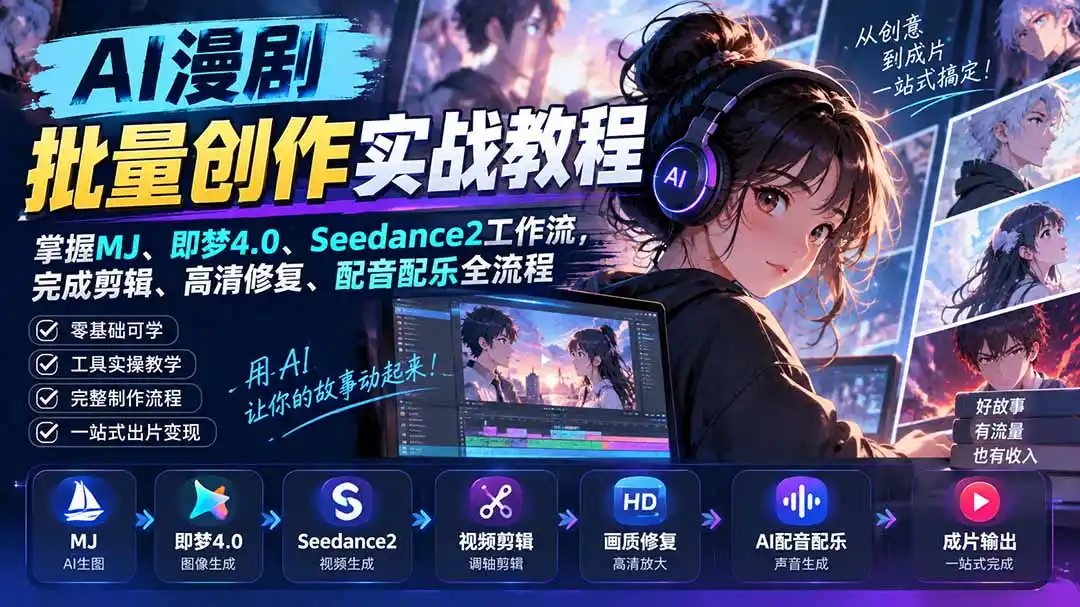 AI漫剧批量创作实战教程:掌握MJ、即梦4.0、Seedance2工作流,完成剪辑、高清修复、配音配乐全流程-网赚项目库-互联网全面项目