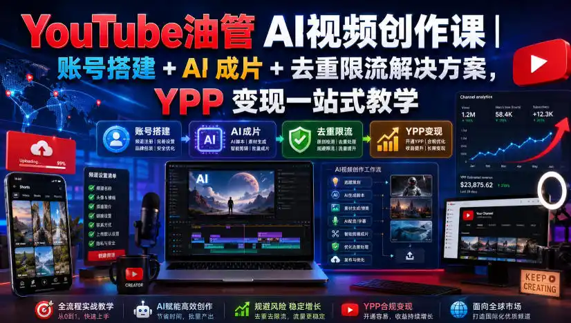 YouTube油管AI视频创作课｜账号搭建+AI成片+去重限流解决方案，YPP变现一站式教学(更新0925)-网赚项目库-互联网全面项目