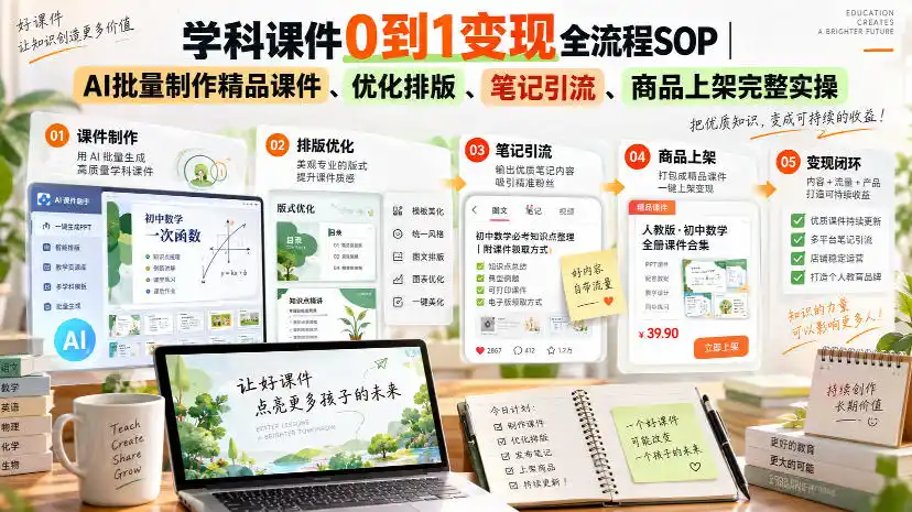 学科课件0到1变现全流程SOP|AI批量制作精品课件、优化排版、笔记引流、商品上架完整实操-网赚项目库-互联网全面项目