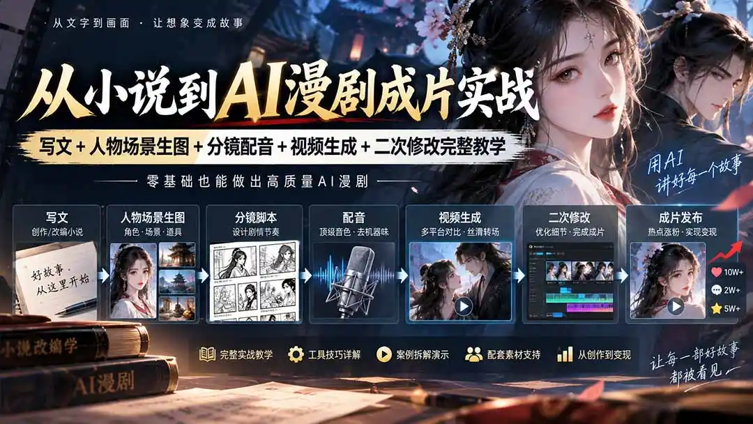 从小说到AI漫剧成片实战:写文+人物场景生图+分镜配音+视频生成+二次修改完整教学-网赚项目库-互联网全面项目