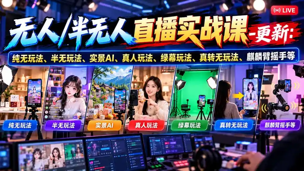 无人/半无人直播实战课-10月20更新：纯无玩法、半无玩法、实景AI、真人玩法、绿幕玩法、真转无玩法、麒麟臂摇手等-网赚项目库-互联网全面项目