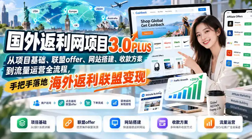 国外返利网项目3.0PLUS,从项目基础、联盟offer、网站搭建、收款方案到流量运营全流程,手把手落地海外返利联盟变现-网赚项目库-互联网全面项目