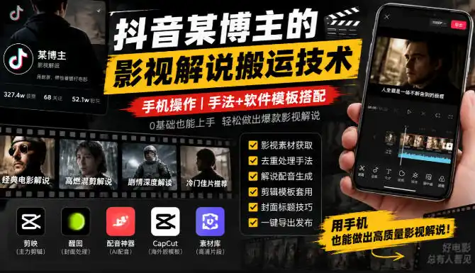 抖音某博主的影视解说搬运技术,手机操作,手法+软件模板搭配-网赚项目库-互联网全面项目