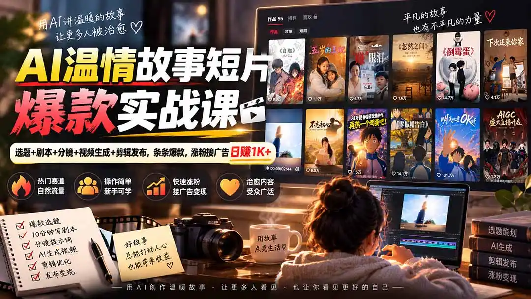AI温情故事短片爆款实战课-更新|选题+剧本+分镜+视频生成+剪辑发布,条条爆款,涨粉接广告日赚1K+-网赚项目库-互联网全面项目