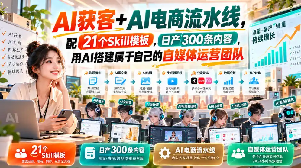 AI获客+AI电商流水线，配21个Skill模板，日产300条内容，用AI搭建属于自己的自媒体运营团队-网赚项目库-互联网全面项目