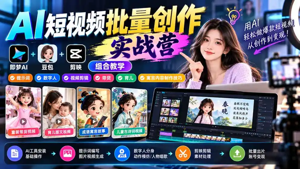 【无水印】AI短视频批量创作实战营:即梦+豆包+剪映组合教学,提示词/数字人/视频剪辑/带货/育儿/寓言内容制作技巧-网赚项目库-互联网全面项目